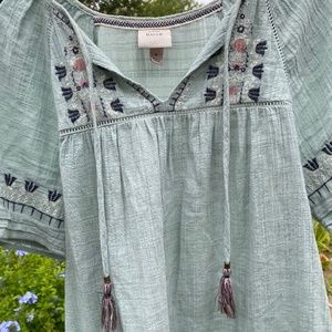 Knox Rose sage green boho embroidered short sleeve top